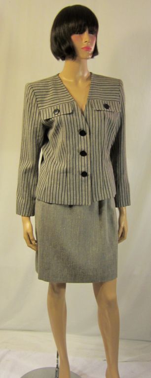 Yves Saint Laurent-Gray & Black Striped Jacket/Matching Skirt