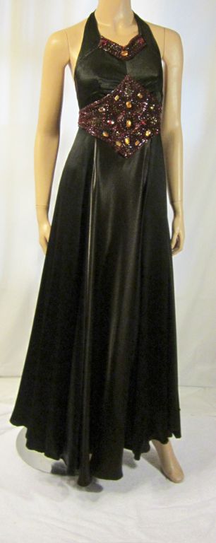 Late 1930's Black & Brown Charmeuse Jeweled Dance Gown