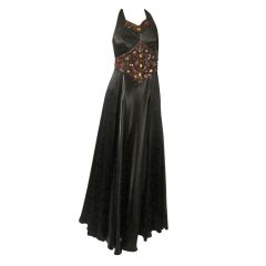 Late 1930's Black & Brown Charmeuse Jeweled Dance Gown