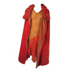 Antique 1920's Burnt Orange Velvet & Metallic Lace Cape & Dress