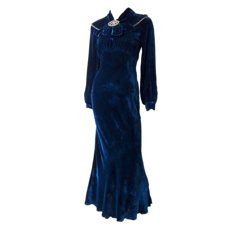 Royal Midnight Blue Silk Velvet 1930's Bias-Cut Gown For Sale