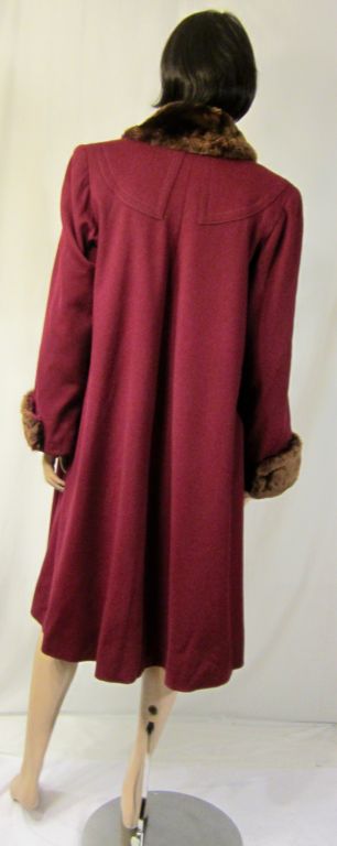 Fabulous 1940's Maroon Woolen Coat with Fur Collar & Cuffs For Sale 1