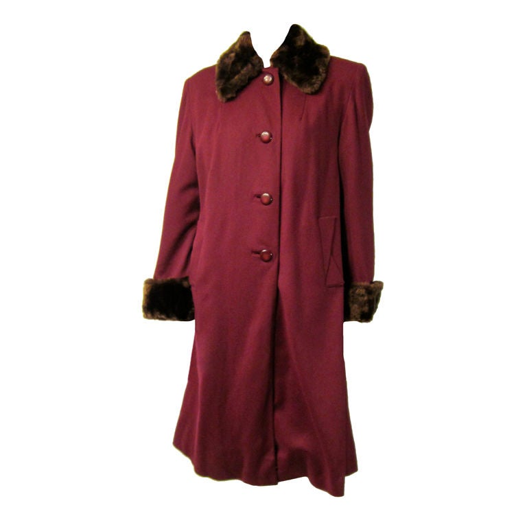 Fabulous 1940's Maroon Woolen Coat with Fur Collar & Cuffs For Sale