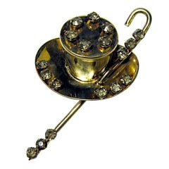 Top Hat and Cane Brooch-Gold Wash Over Sterling/Rhinestones