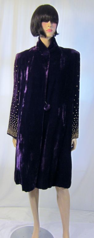 Extraordinary Plum Silk Velvet Coat with Brass Studded Sleeves