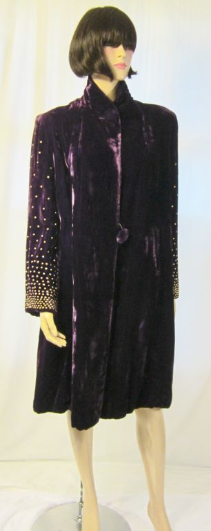 Women's Extraordinary Plum Silk Velvet Coat with Brass Studded Sleeves For Sale