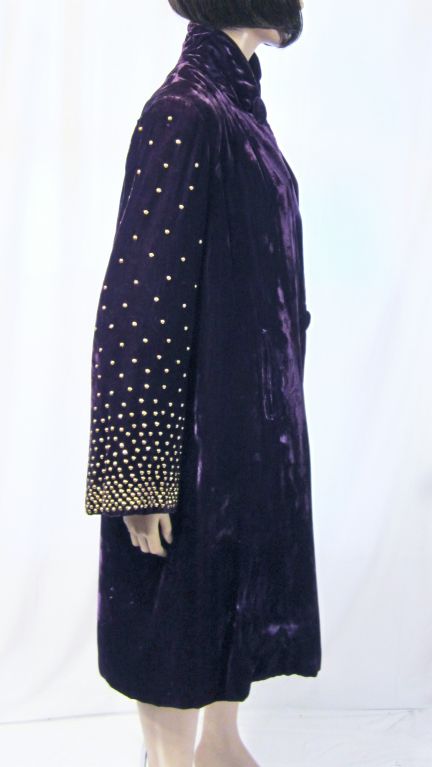 Extraordinary Plum Silk Velvet Coat with Brass Studded Sleeves For Sale 1