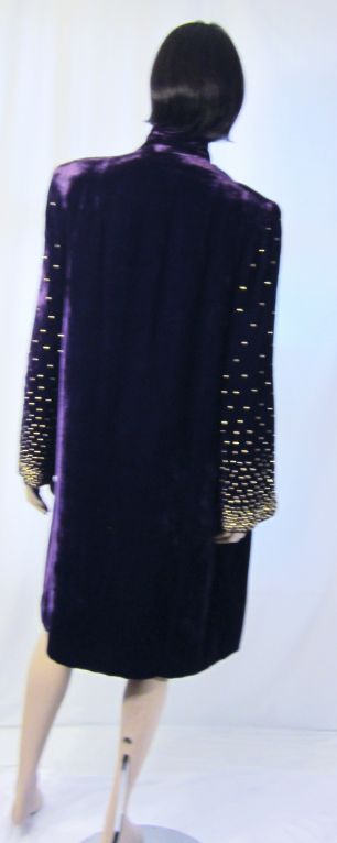 Extraordinary Plum Silk Velvet Coat with Brass Studded Sleeves For Sale 2