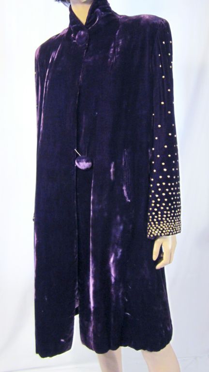 Extraordinary Plum Silk Velvet Coat with Brass Studded Sleeves For Sale 3