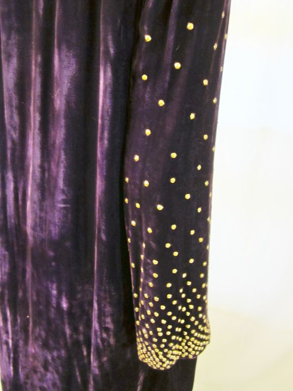 Extraordinary Plum Silk Velvet Coat with Brass Studded Sleeves For Sale 5