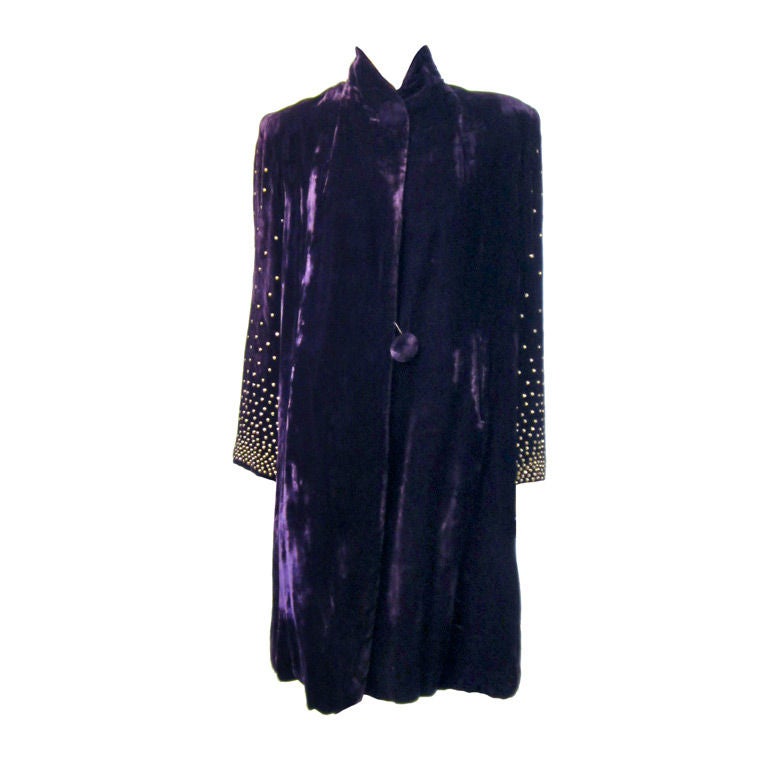 Extraordinary Plum Silk Velvet Coat with Brass Studded Sleeves For Sale