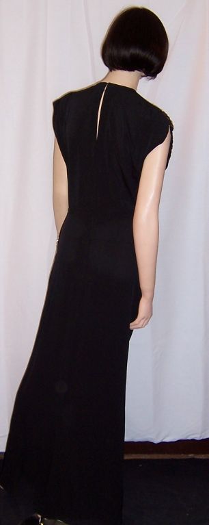 1940's Black Crepe & Gold Sequined Gown In Excellent Condition For Sale In Oradell, NJ