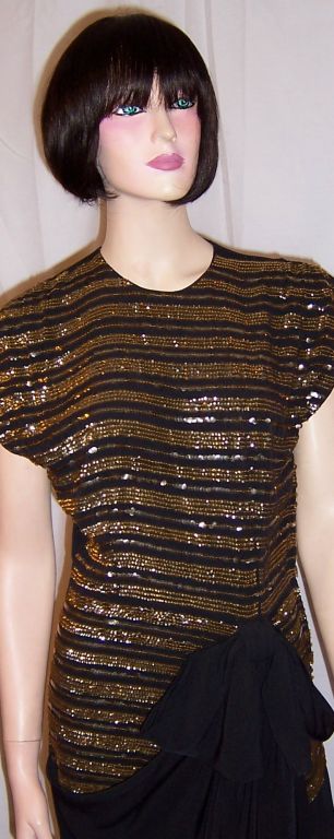 1940's Black Crepe & Gold Sequined Gown For Sale 1