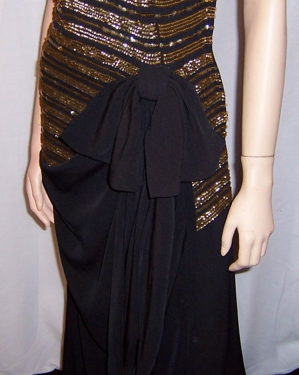 1940's Black Crepe & Gold Sequined Gown For Sale 2