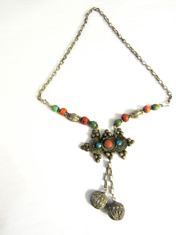 Ethnic Asian Necklace-Silver-Toned with Turquoise & Coral Beads