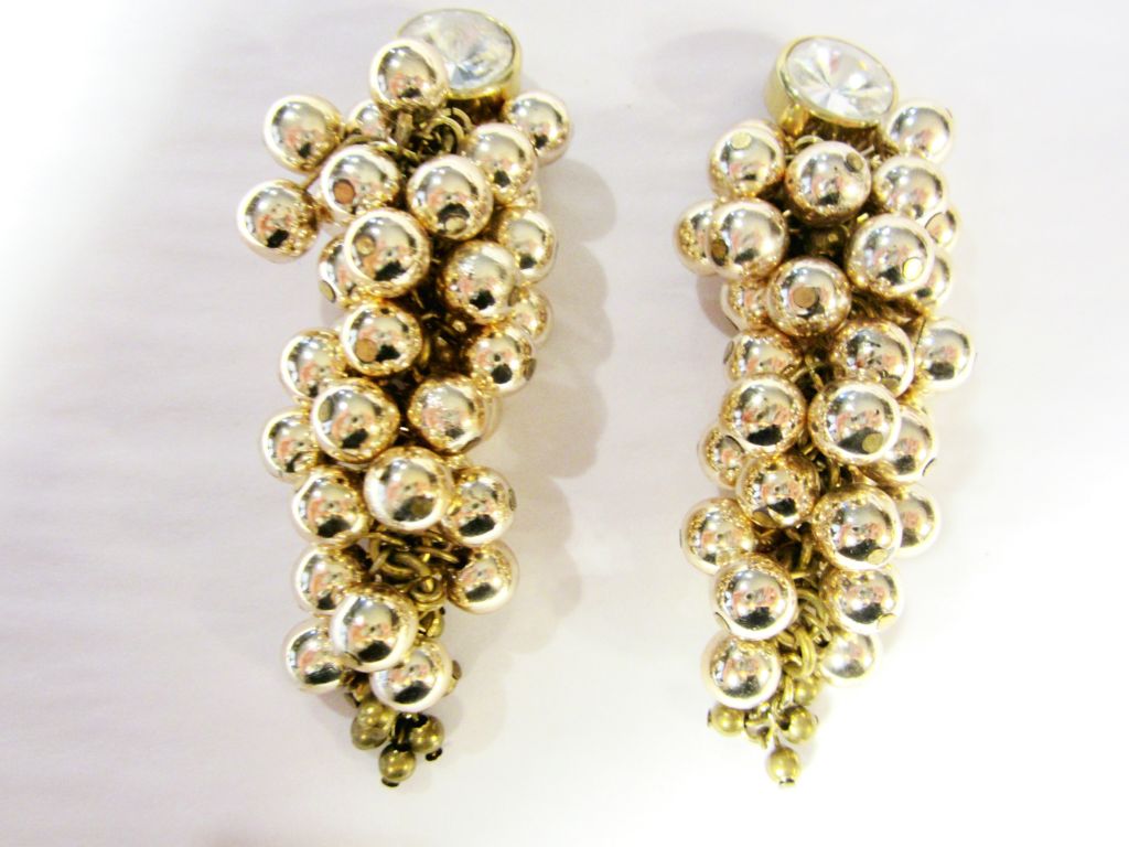 Women's Large Clip-On, Dangling Earrings- Clusters of Gold-Toned Beads For Sale