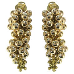 Retro Large Clip-On, Dangling Earrings- Clusters of Gold-Toned Beads