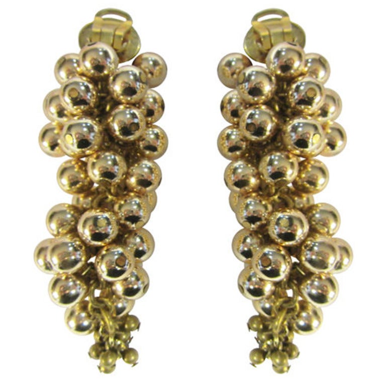Large Clip-On, Dangling Earrings- Clusters of Gold-Toned Beads For Sale