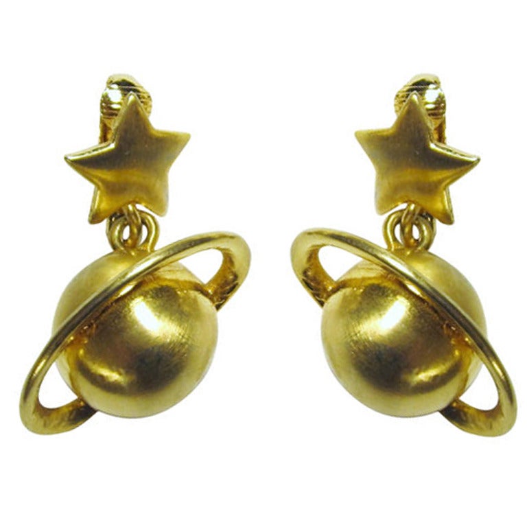 Unique Gold-Toned Earrings with Saturn Hanging from a Star For Sale