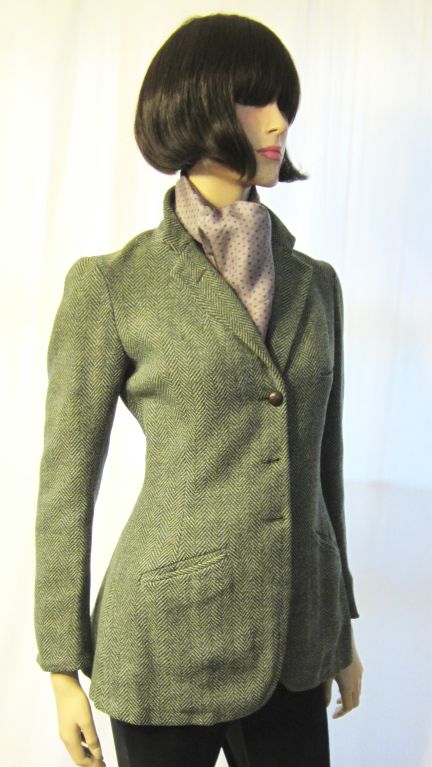 Teal Tweed Single Breasted Riding Jacket and Pants For Sale 1