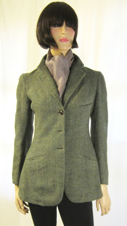 Teal Tweed Single Breasted Riding Jacket and Pants For Sale 2