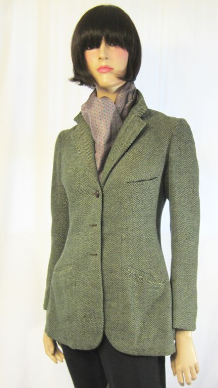 Teal Tweed Single Breasted Riding Jacket and Pants For Sale 3