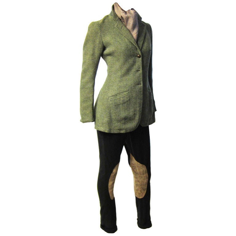 Teal Tweed Single Breasted Riding Jacket and Pants For Sale