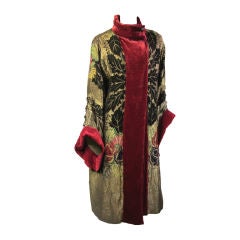 1920's Black & Gold Lame Opera Coat / Crimson Silk Velvet Trim