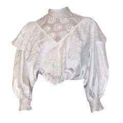 Vintage Yves Saint Laurent Rive Gauche White Silk Blouse with Lace