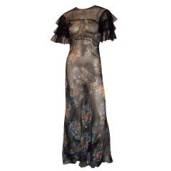 Antique 1930's Floral Printed Evening Gown on Black Background