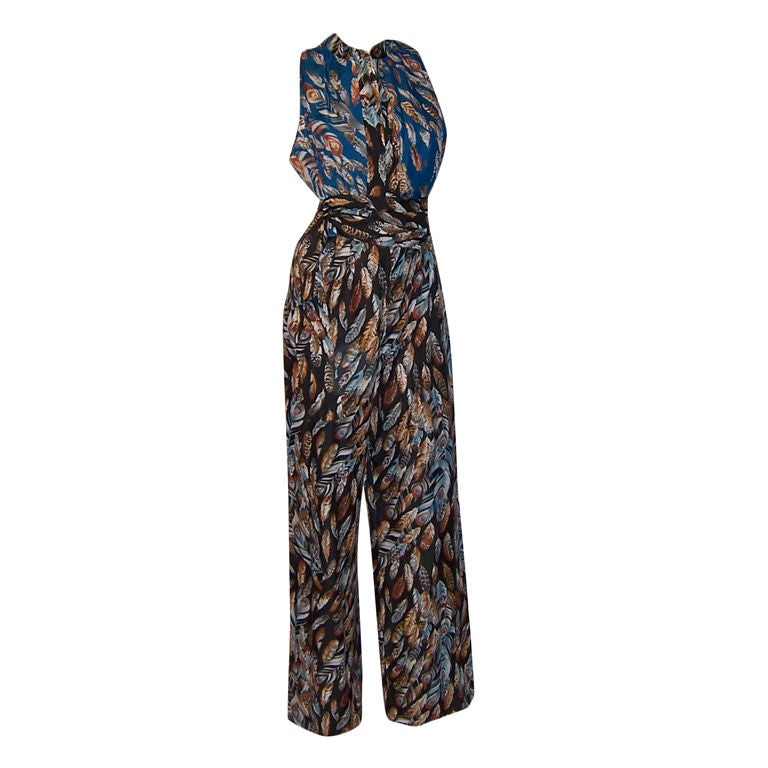 1960's Eleanor Brenner Printed Jumpsuit & Matching Kimono For Sale