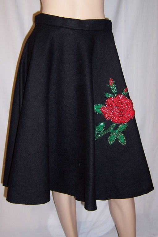 1950's Black Felt Circle Skirt with Beaded & Sequined Red Rose