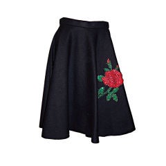 1950's Black Felt Circle Skirt with Beaded & Sequined Red Rose