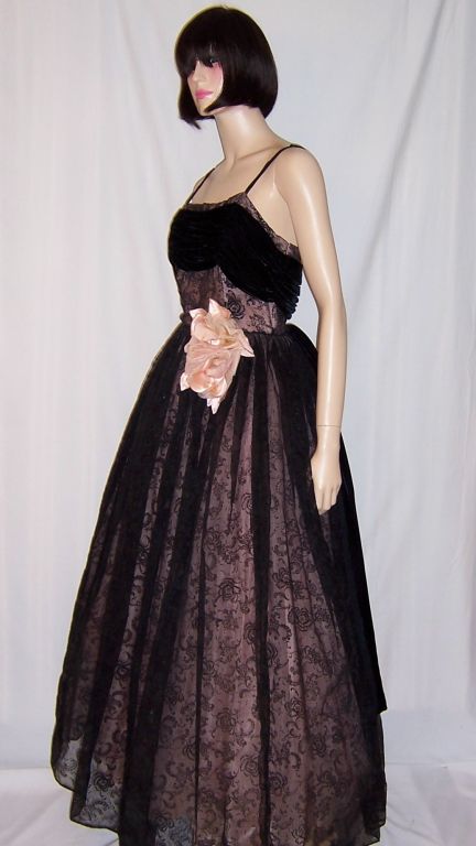 Superb, 1940's Vintage, Pink and Black Flocked Ball Gown