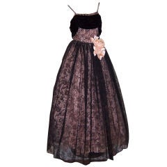 Superb, 1940's Vintage, Pink and Black Flocked Ball Gown