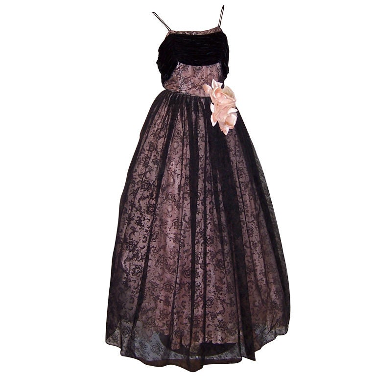 Superb, 1940
s Vintage, Pink and Black Flocked Ball Gown For Sale