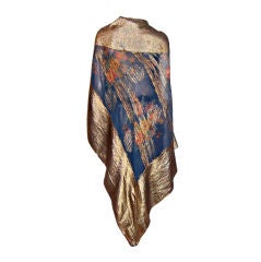 1920's Art Deco Prussian Blue Floral Printed Shawl-Gold Lame