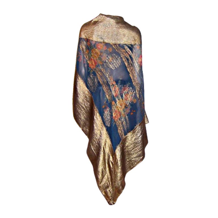 1920's Art Deco Prussian Blue Floral Printed Shawl-Gold Lame For Sale