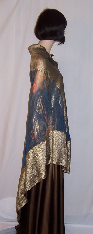 Women's 1920's Art Deco Prussian Blue Floral Printed Shawl-Gold Lame For Sale