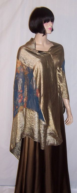 1920's Art Deco Prussian Blue Floral Printed Shawl-Gold Lame For Sale 1
