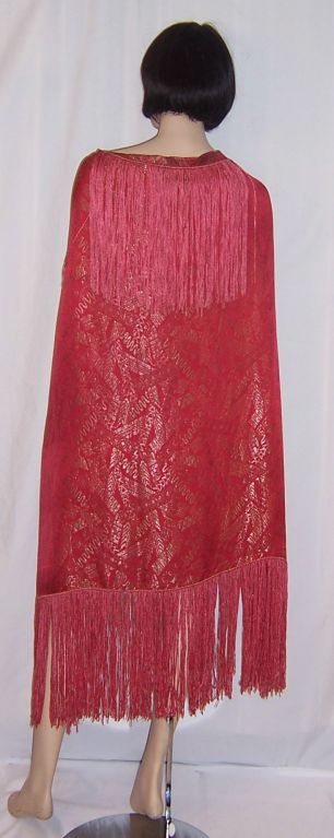 1920's Art Deco Cerise & Gold Lame Shawl with Fringe