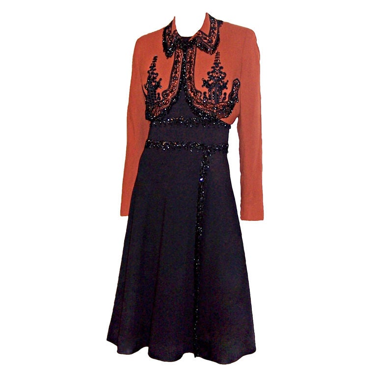 Outstanding Sienna 
Black Knit Beaded Ensemble, 1940
s Vintage For Sale
