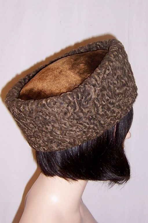 Women's Unusual  Brown Persian Lamb Hat with Trapunto Lining For Sale