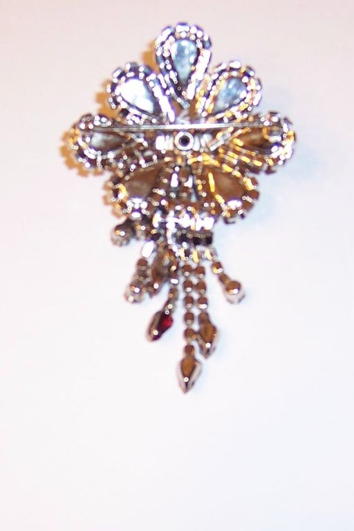 1950's Clear & Ruby Rhinestone Dangle Brooch