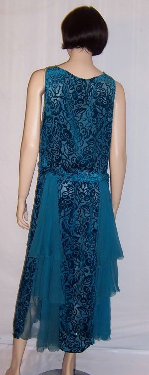 1920's Turquoise Jewel-Toned, Voided Silk Velvet Gown 1