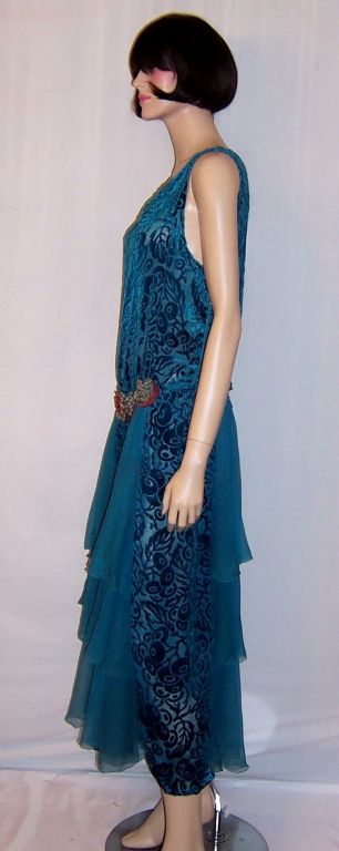 1920's Turquoise Jewel-Toned, Voided Silk Velvet Gown 2
