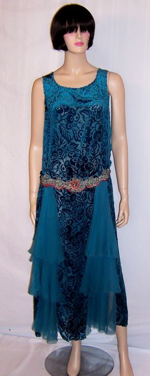 1920's Turquoise Jewel-Toned, Voided Silk Velvet Gown 3