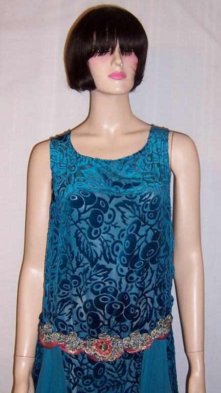 1920's Turquoise Jewel-Toned, Voided Silk Velvet Gown 4