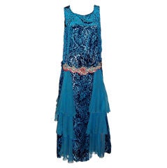 1920's Turquoise Jewel-Toned, Voided Silk Velvet Gown