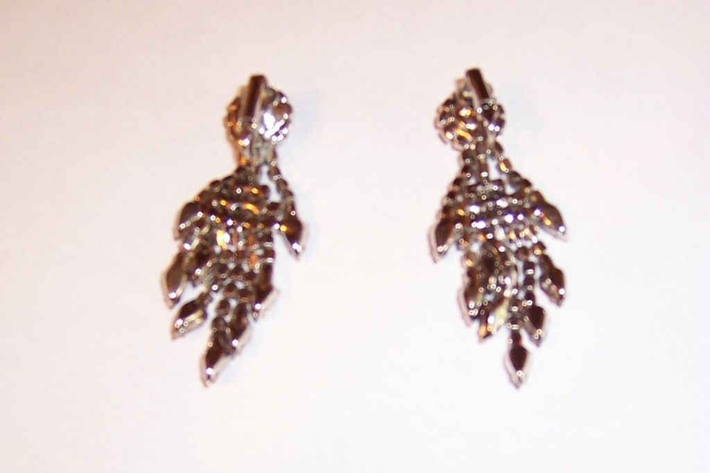1950's Clear & Ruby Colored Rhinestone, Clip-On, Dangle Earrings